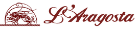 Logo per L'Aragosta, caratterizzato da un disegno ornamentale e da un testo stilizzato in rosso scuro.