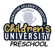 The logo for children 's university preschool shows a child in a graduation cap and gown.