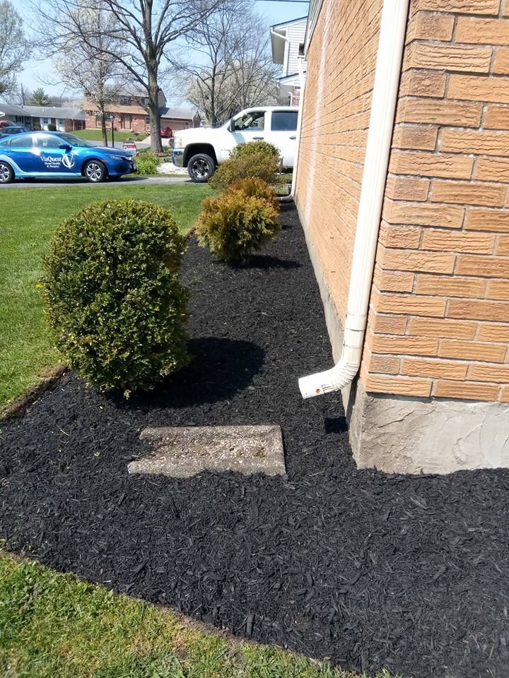A brick building exterior with a white downspout, surrounded by black mulch, shrubs, and a nearby blue car on a lawn.