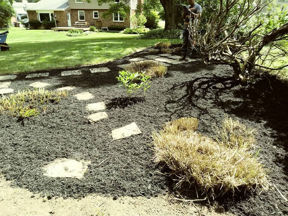 A pathway of square stone pavers winds through a yard covered in fresh black mulch toward a house in the background.