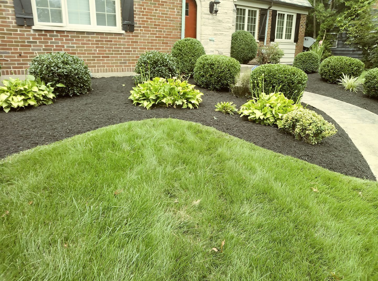 A brick house with a front lawn featuring a curved garden bed of black mulch, green shrubs, and a stone walkway.