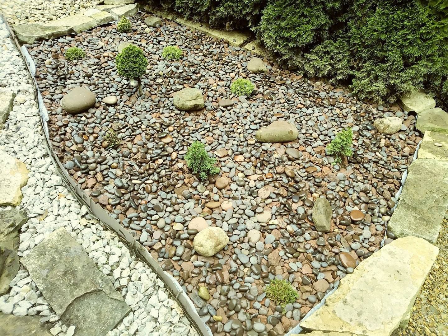 A garden bed filled with dark grey pebbles, scattered stones, and small green shrubs, bordered by large light stone slabs.