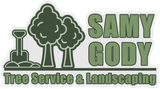 Logo for Samy Gody Tree Service & Landscaping featuring a shovel, two trees, and green text on a light background.