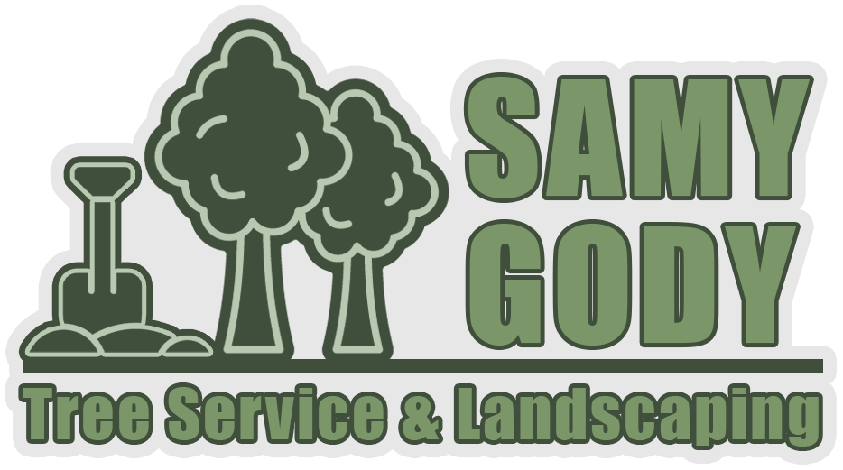 Logo for Samy Gody Tree Service & Landscaping featuring a shovel, two trees, and green text on a light background.