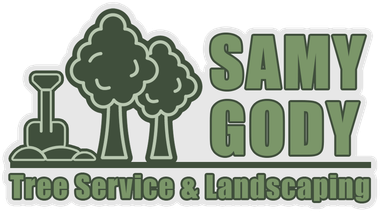 Logo for Samy Gody Tree Service & Landscaping featuring a shovel, two trees, and green text on a light background.