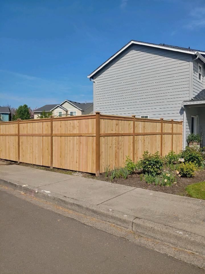 Residential street with a tall wooden privacy fence beside a sidewalk and house under a blue sky