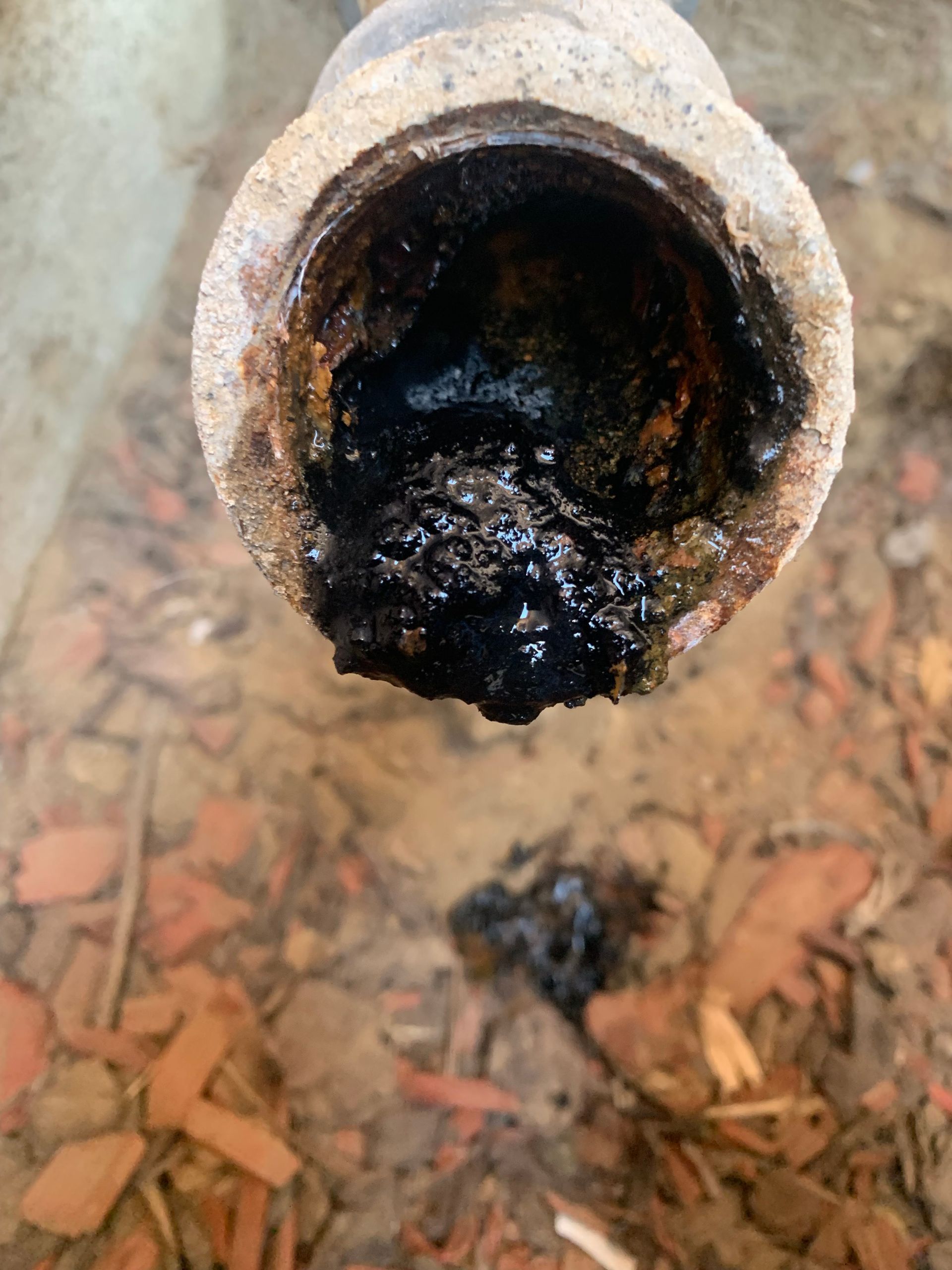 A close-up of a dirty pipe opening, filled with dark, viscous sludge and rust.  