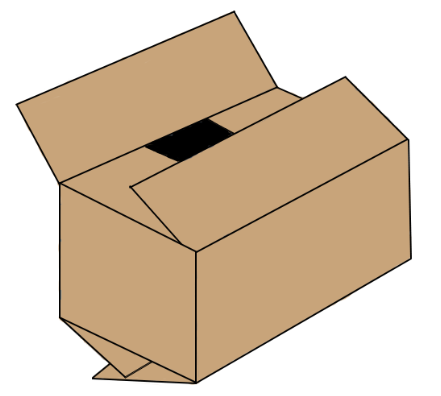A drawing of a cardboard box with the lid open