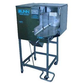 A bunn machine is on a stand with wheels