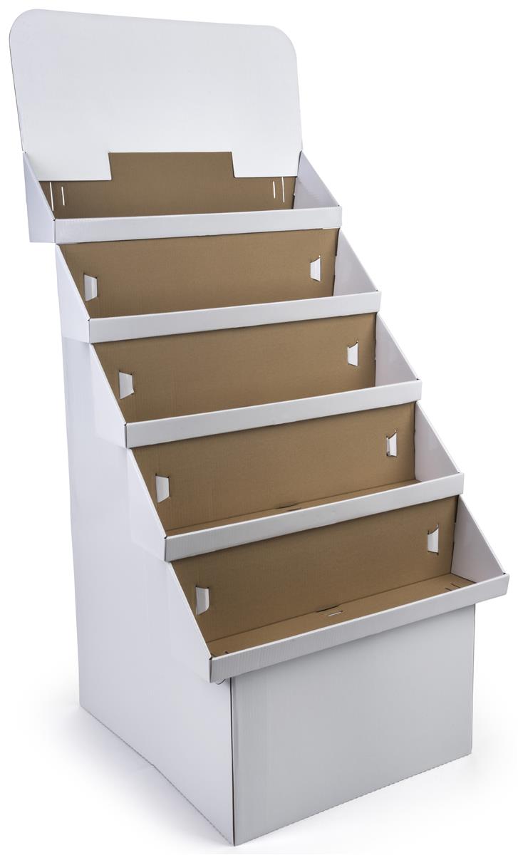 A cardboard display stand with a white top and brown shelves.