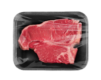 Two steaks in a plastic tray on a white background.
