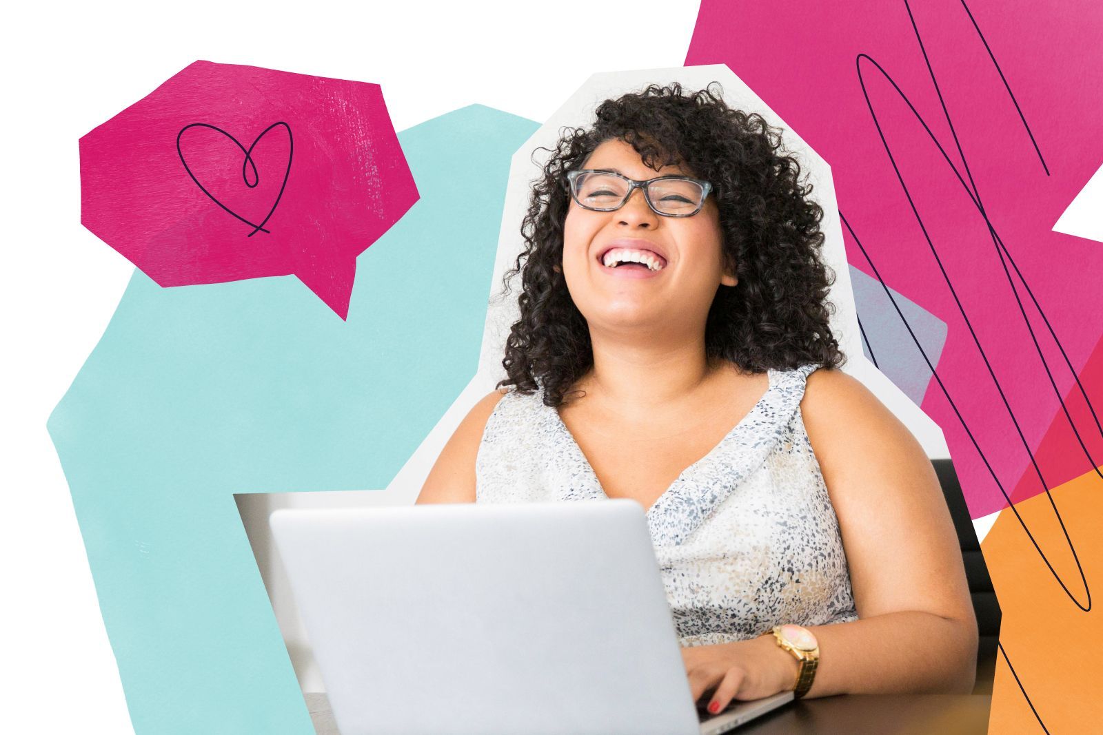 A woman of color is sitting at a desk using a laptop and smiling. Colorful shapes are behind her.