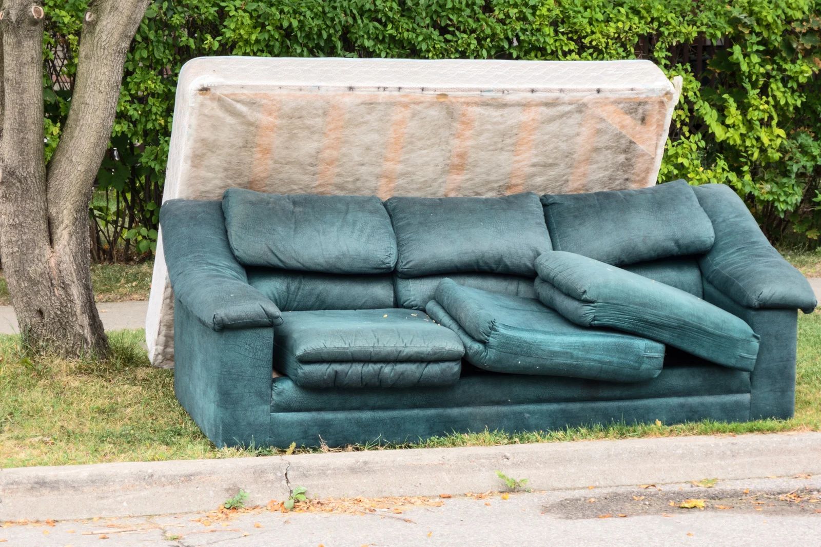 A green couch and mattress are sitting on the side of the road.