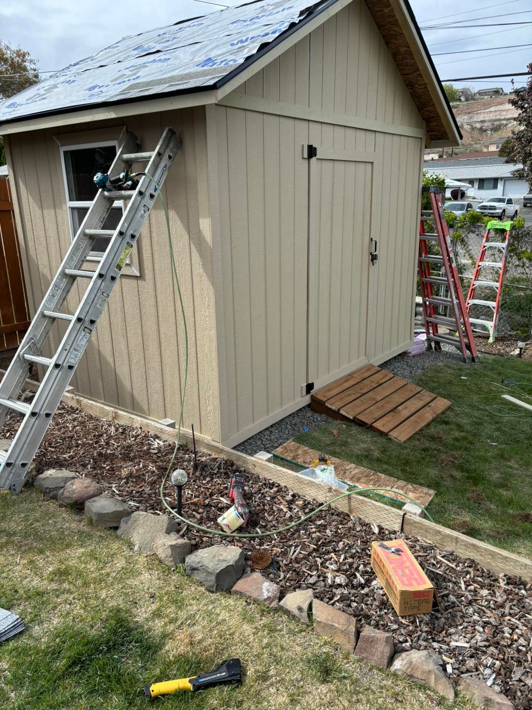 A shed with a ladder attached to it is being painted in a backyard.