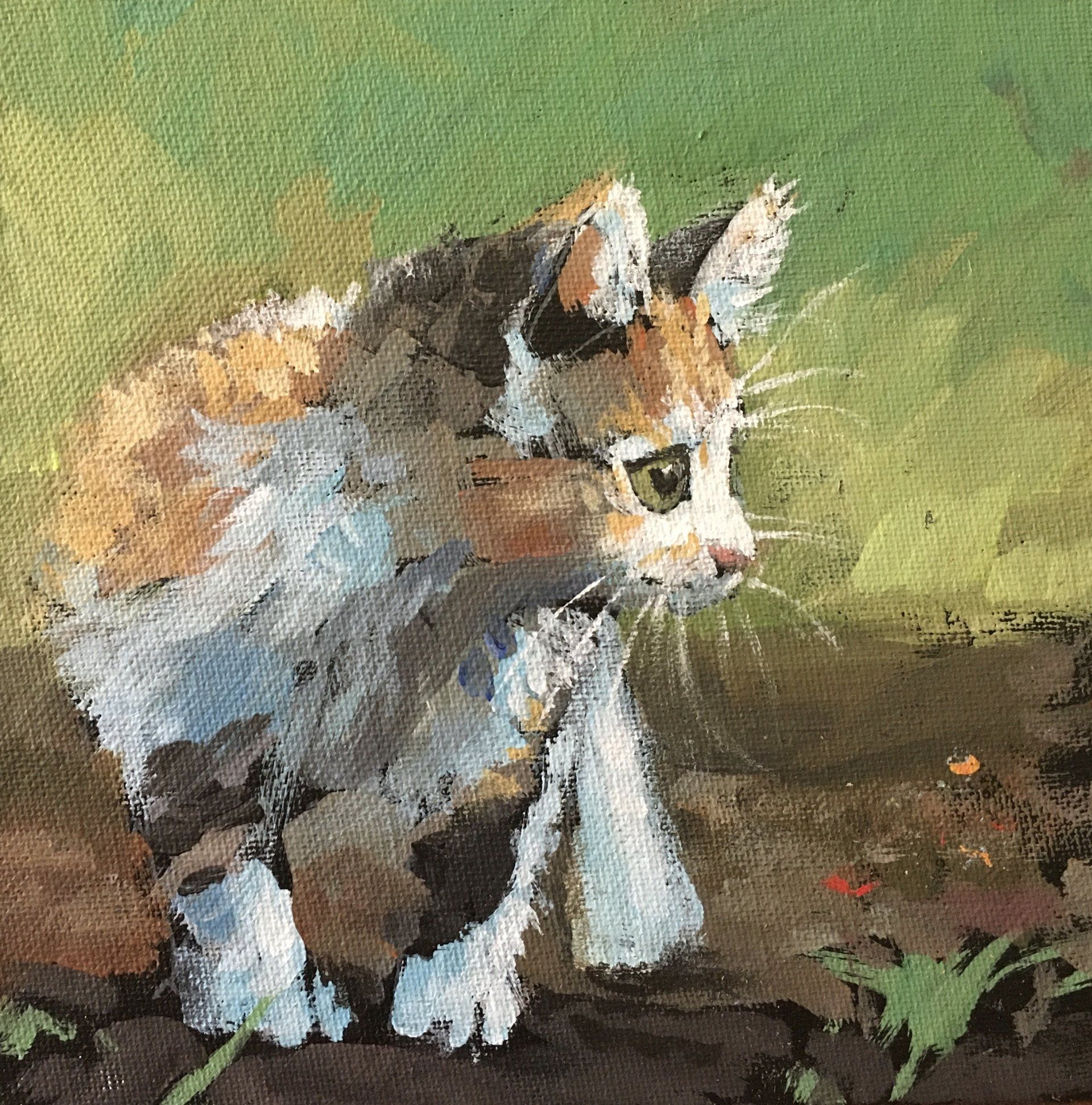 acrylic painting of a cat wandering around the muddy forest