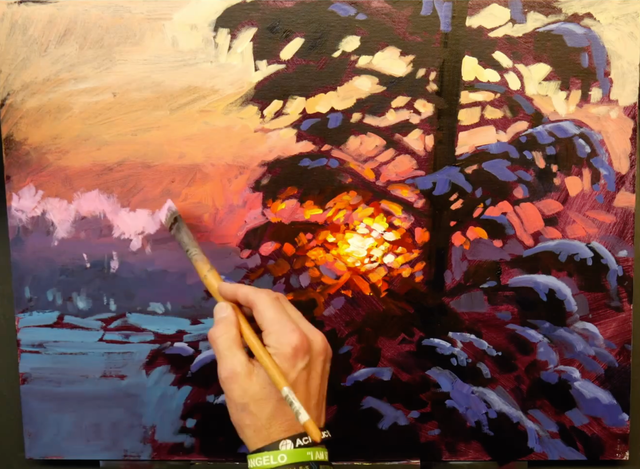Easy steps to paint a sunset sky and a tree in acrylic paints