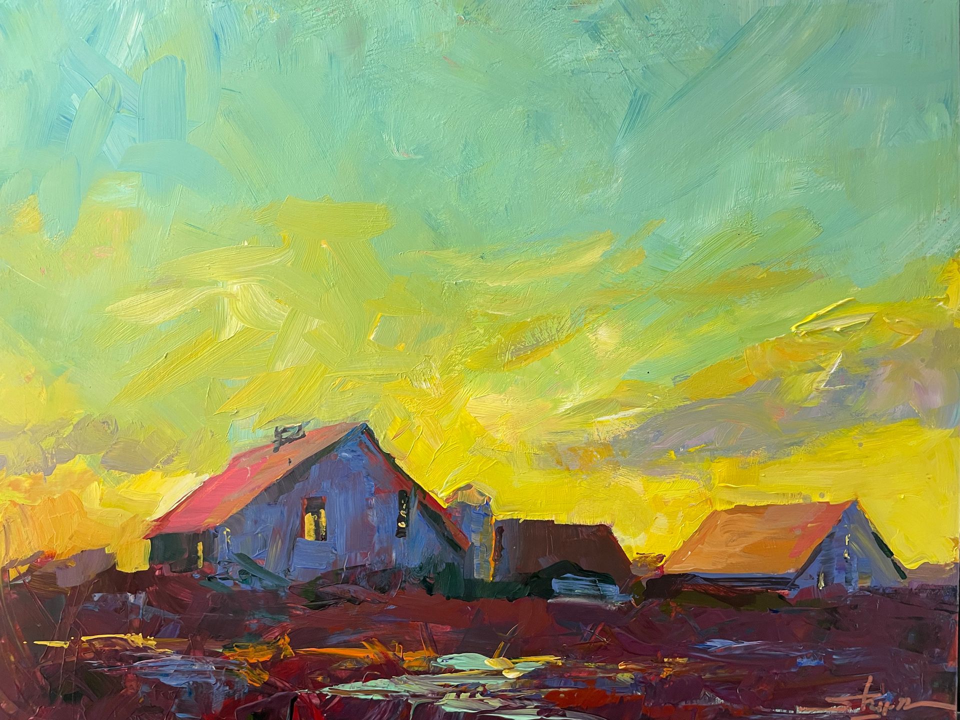 Farm buildings silhouetted against a vibrant yellow and teal sunset. Red roofs and purple ground.