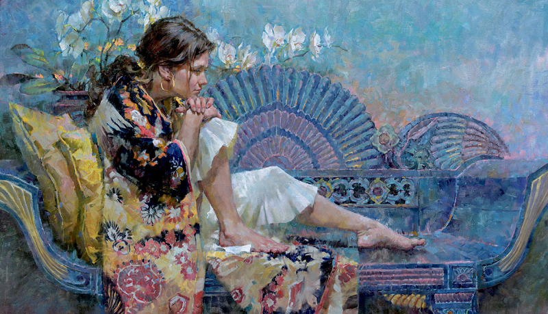john michael carter acrylic painting of a girl sitting on an ancient bench