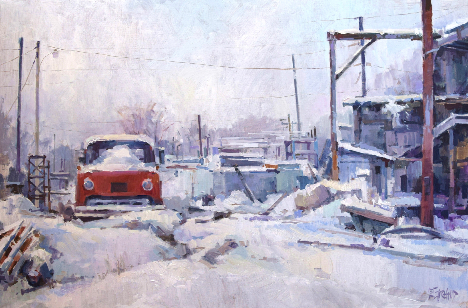 wyatt legrand acrylic painting of a snowy junkyard