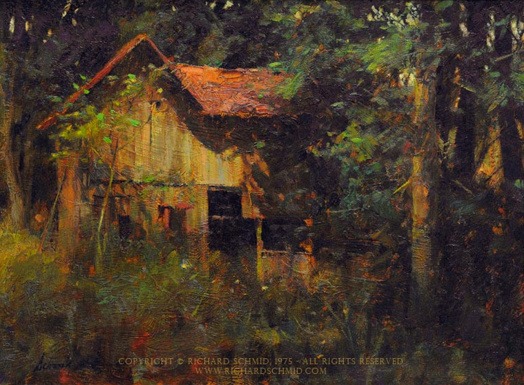 richard schmid acrylic painting of a house inside a forest