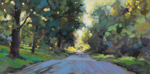 cara zimmerman acrylic painting of an empty road with trees