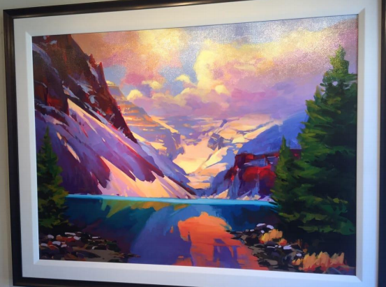 acrylic painting by mike svob of a mountain and a lake