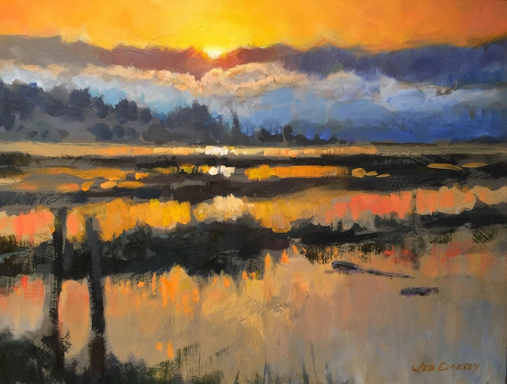 acrylic painting of a lake on a sunset