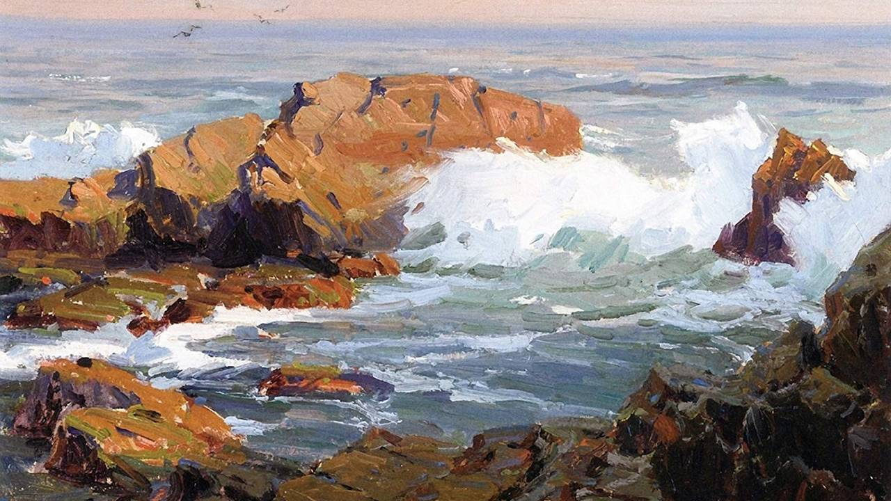 acrylic painting of a rocky seashore