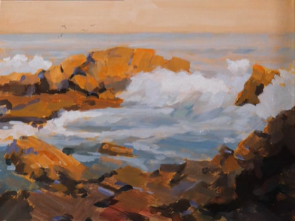 acrylic painting of a  rocky seashore with water splashing over the rocks