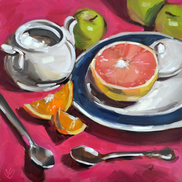 acrylic painting of a tea cup with fruits