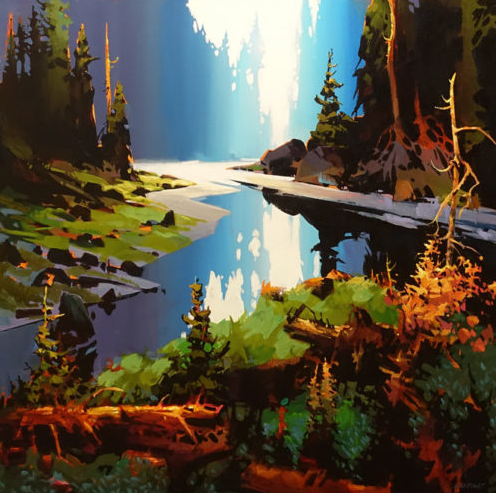 acrylic painting of a stagnant river in a forest