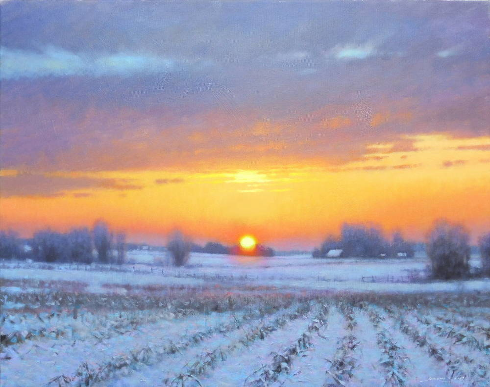 acrylic painting of  a sunset in a white field