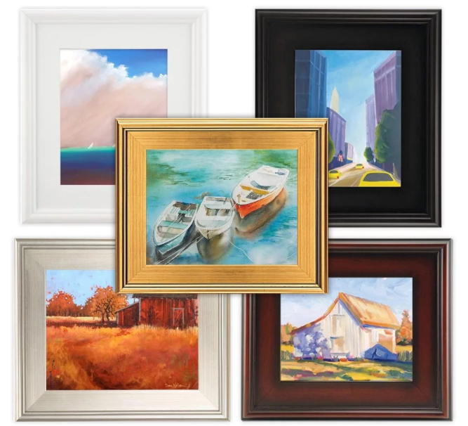 five different acrylic paintings with frame