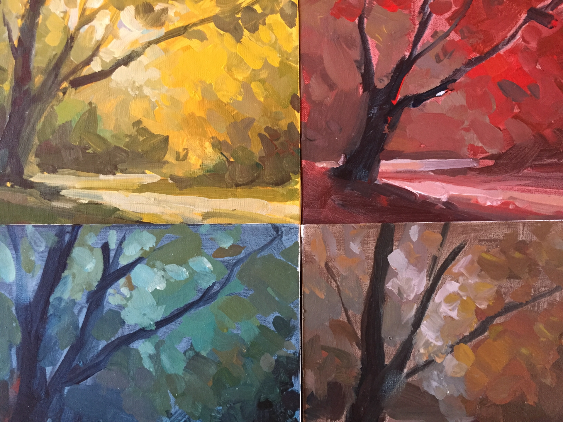 collage of different acrylic painting of trees