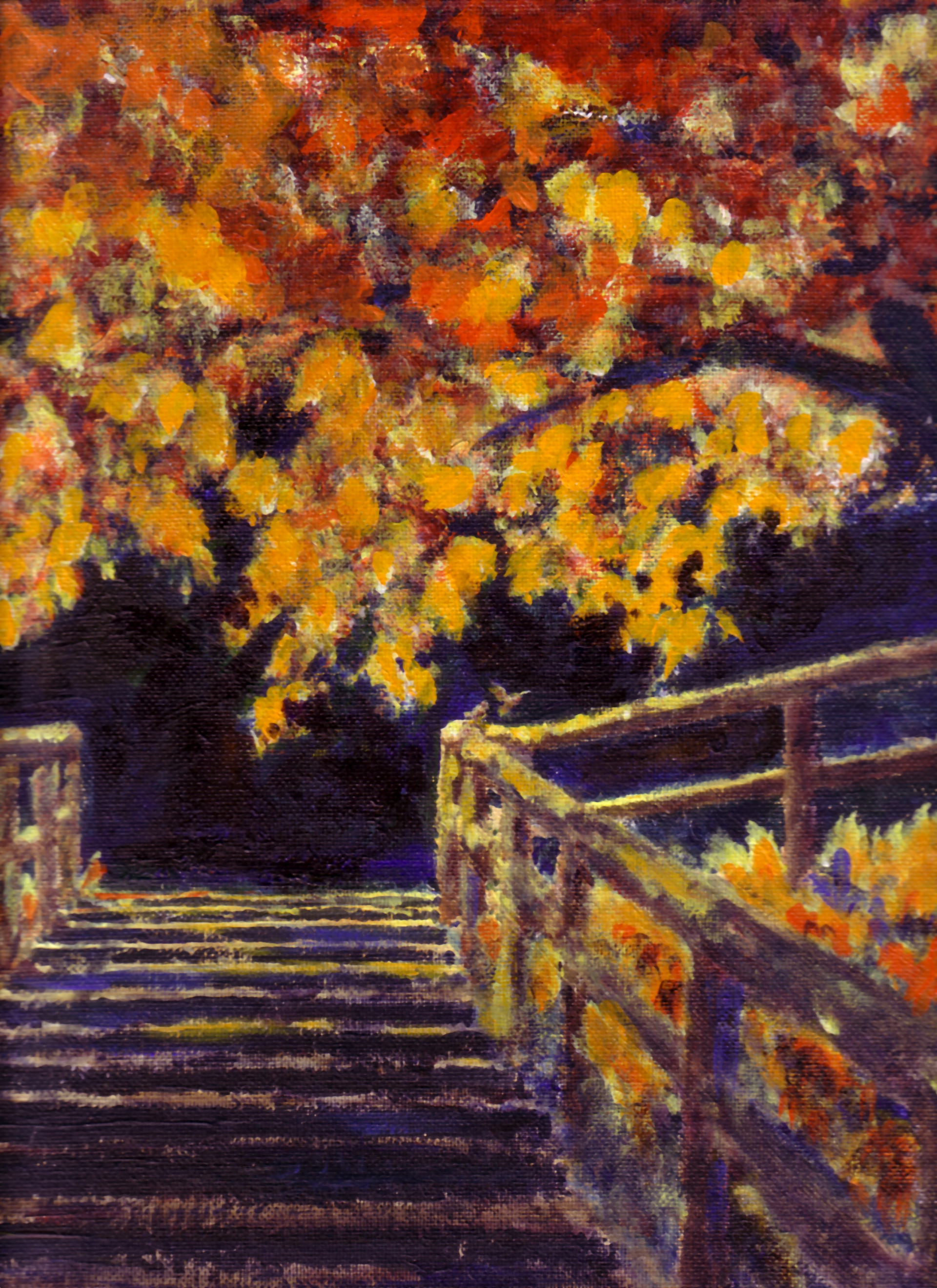 acrylic painting of autumn trees beside the road