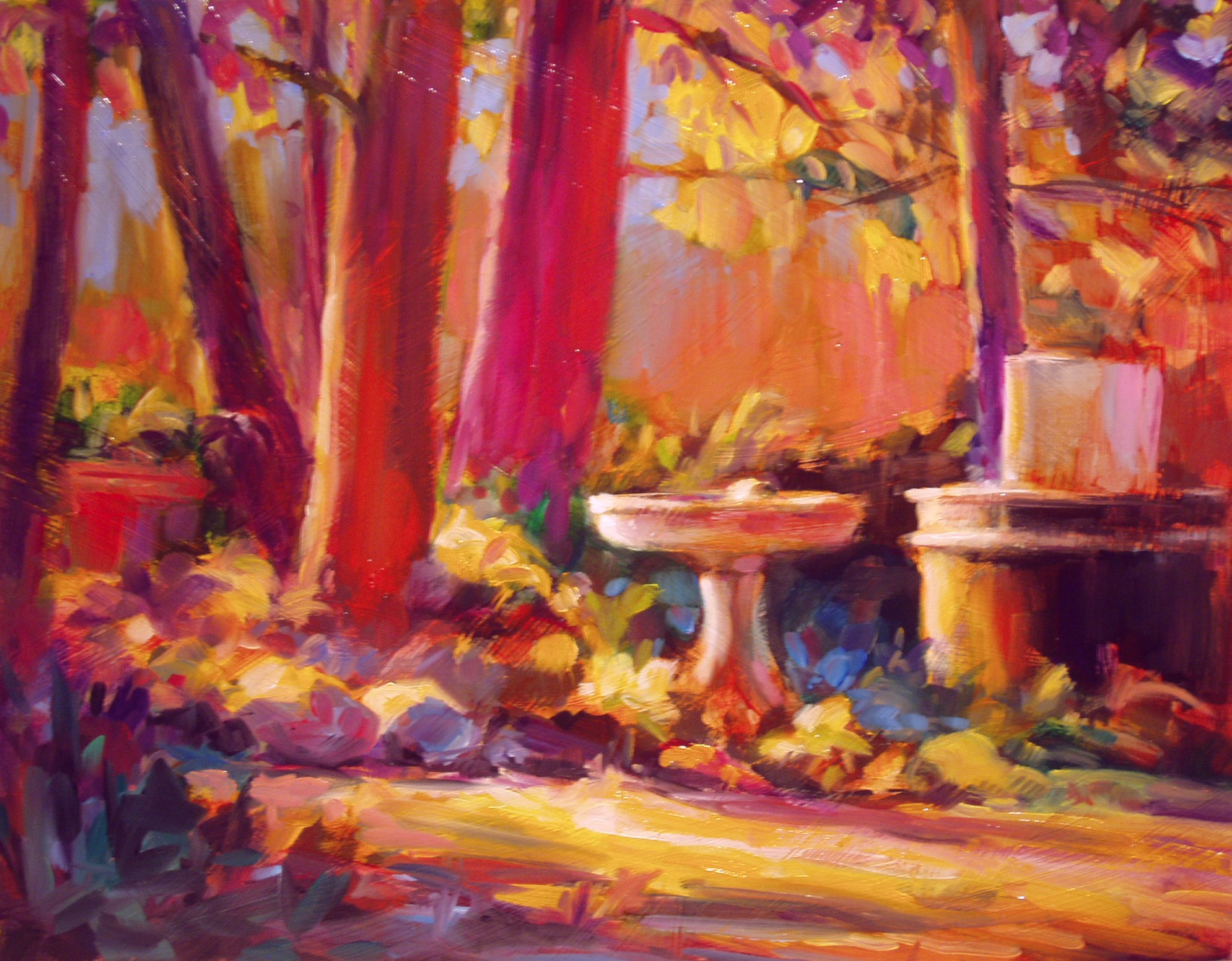 acrylic painting of a forest with drinking fountain