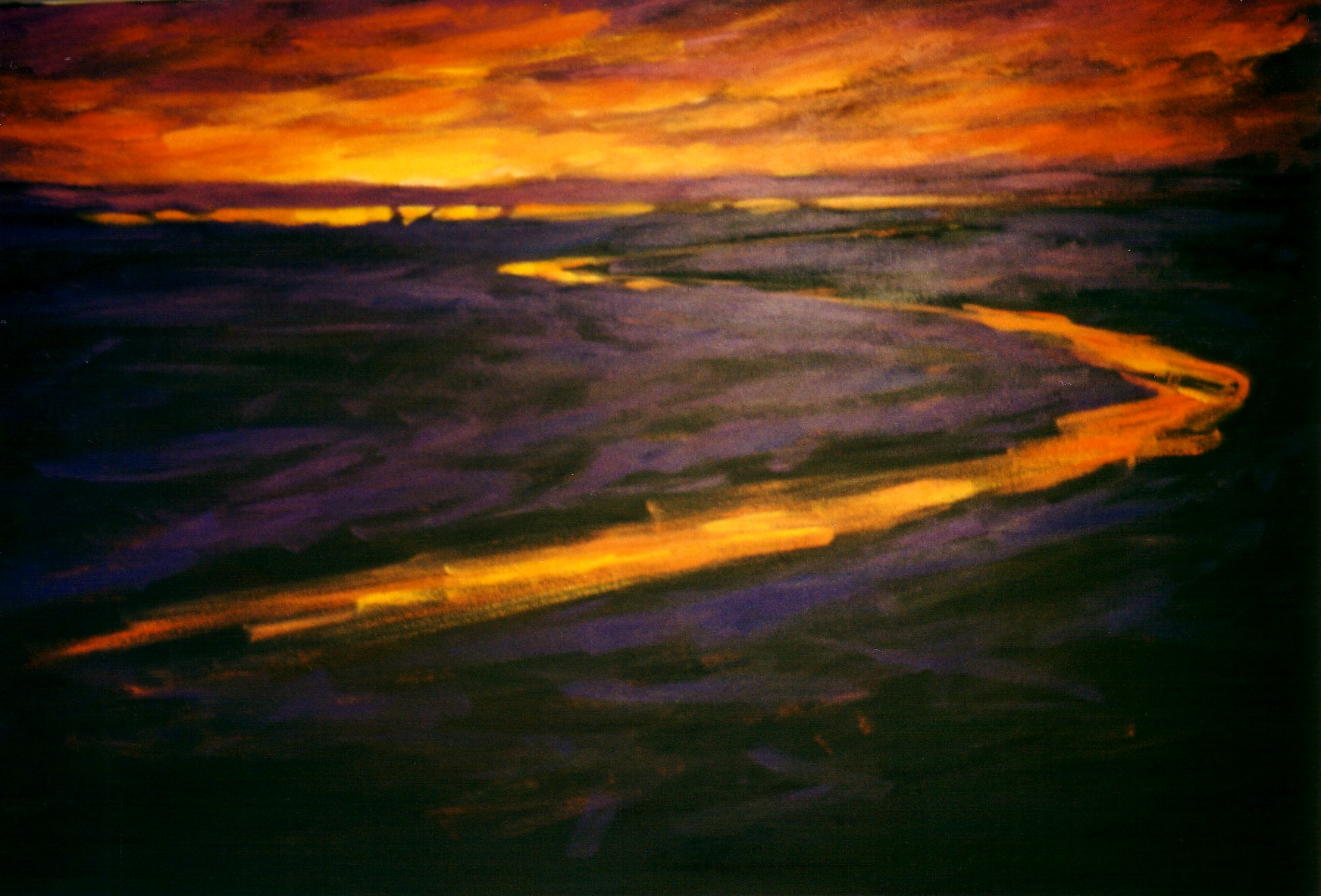 acrylic painting of a river at dawn