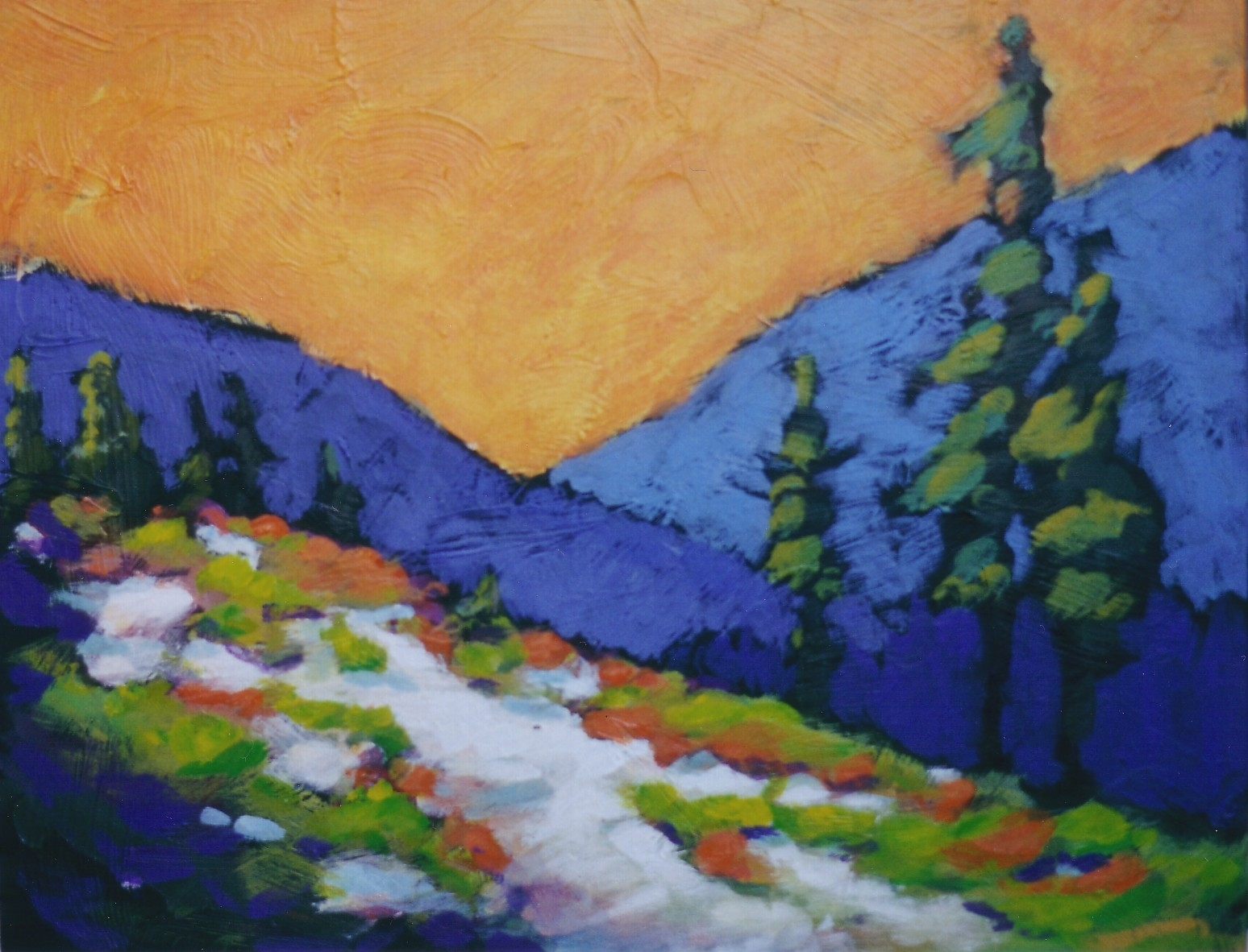 acrylic painting of a mountain with snow and trees