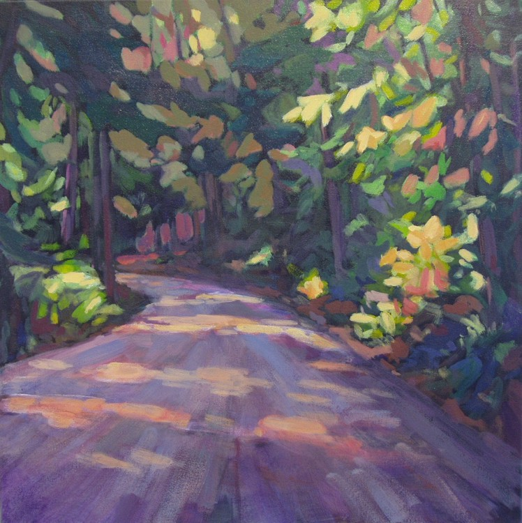 acrylic painting of road with trees