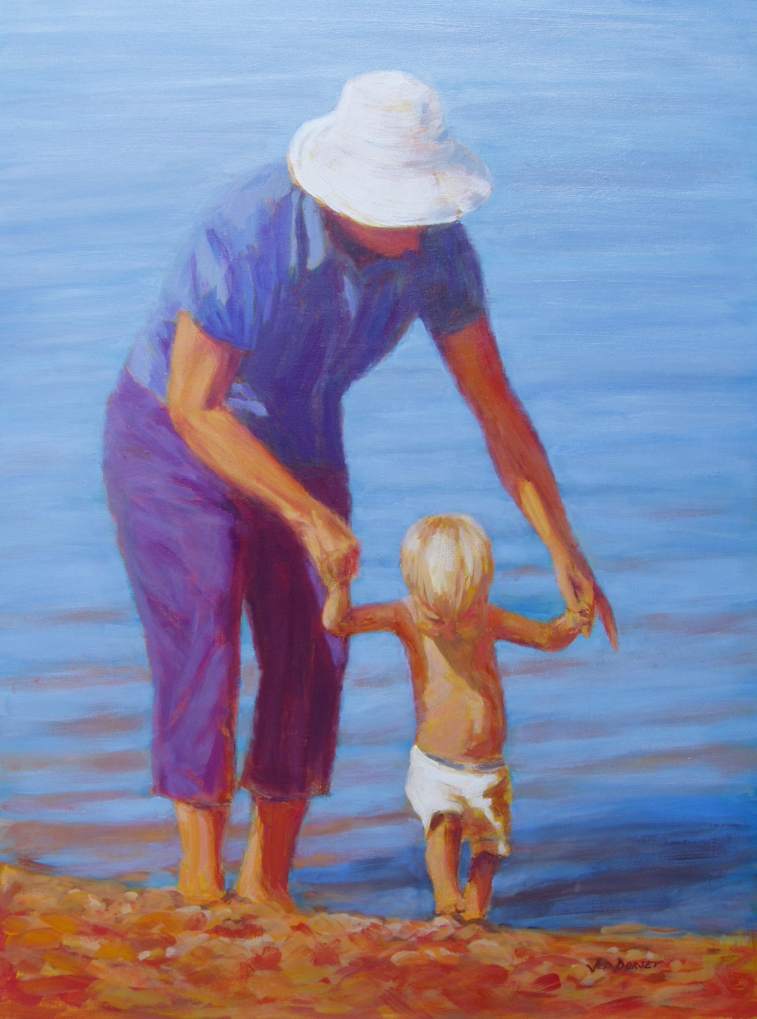 acrylic painting of a father and child on the seashore
