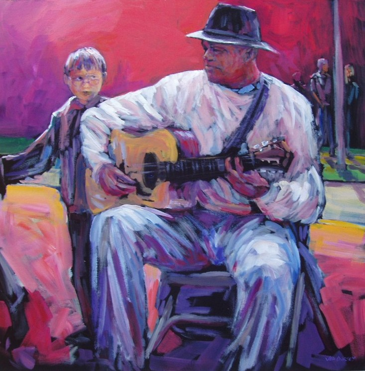 acrylic painting of a man playing a guitar and a child