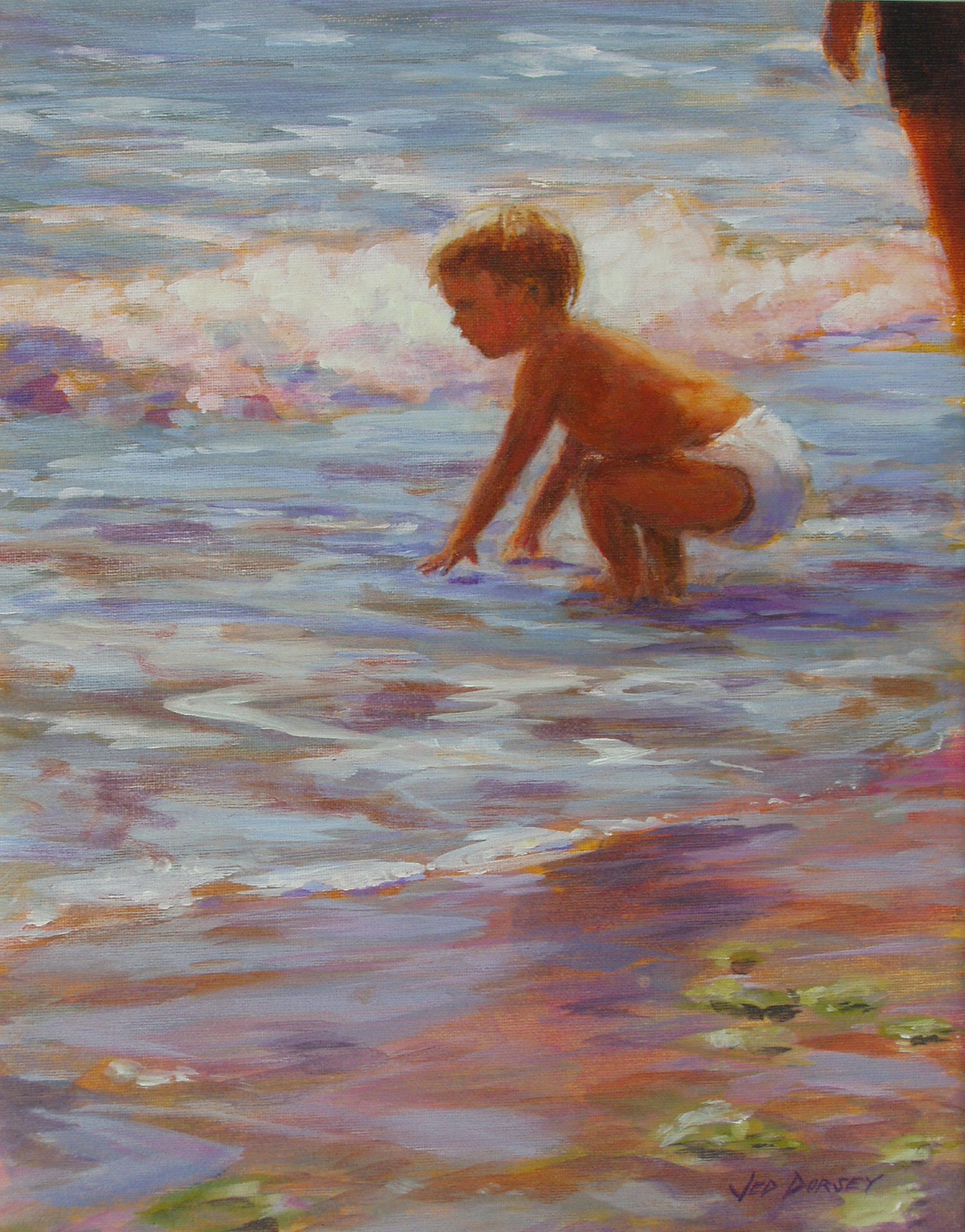 acrylic painting of a child playing on the sea