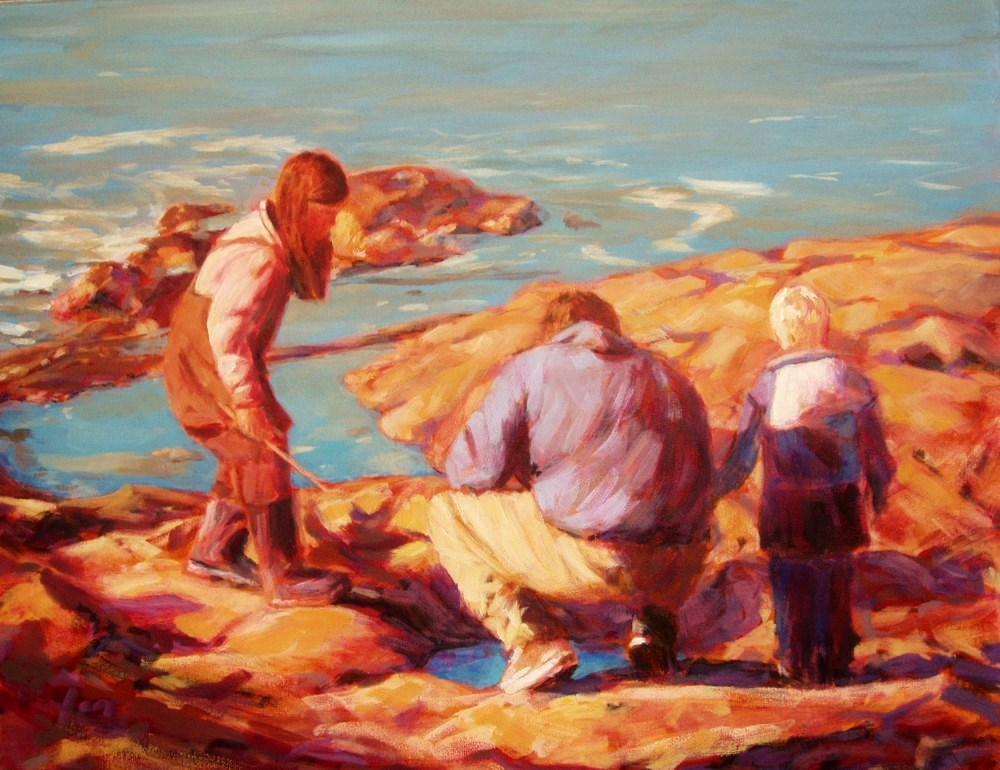 acrylic painting of a family on a rocky seashore