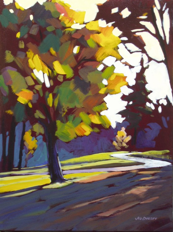 acrylic painting of road with trees