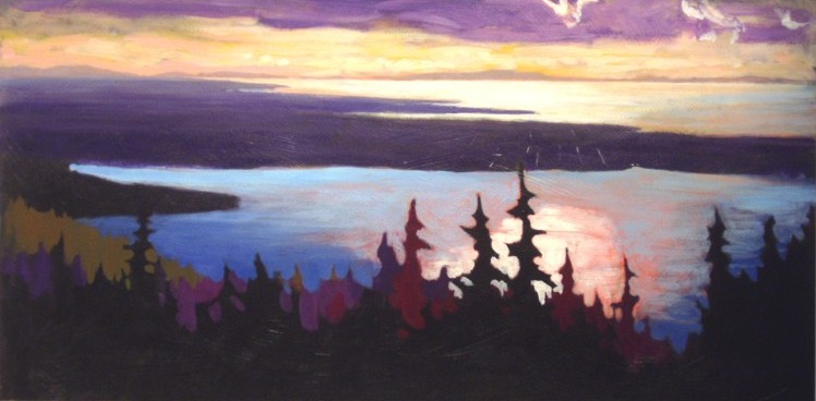 acrylic painting of a scenery of a lake with trees