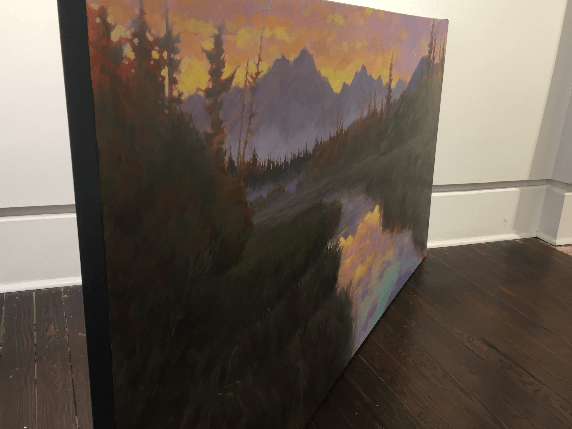 acrylic painting of a mountain and river