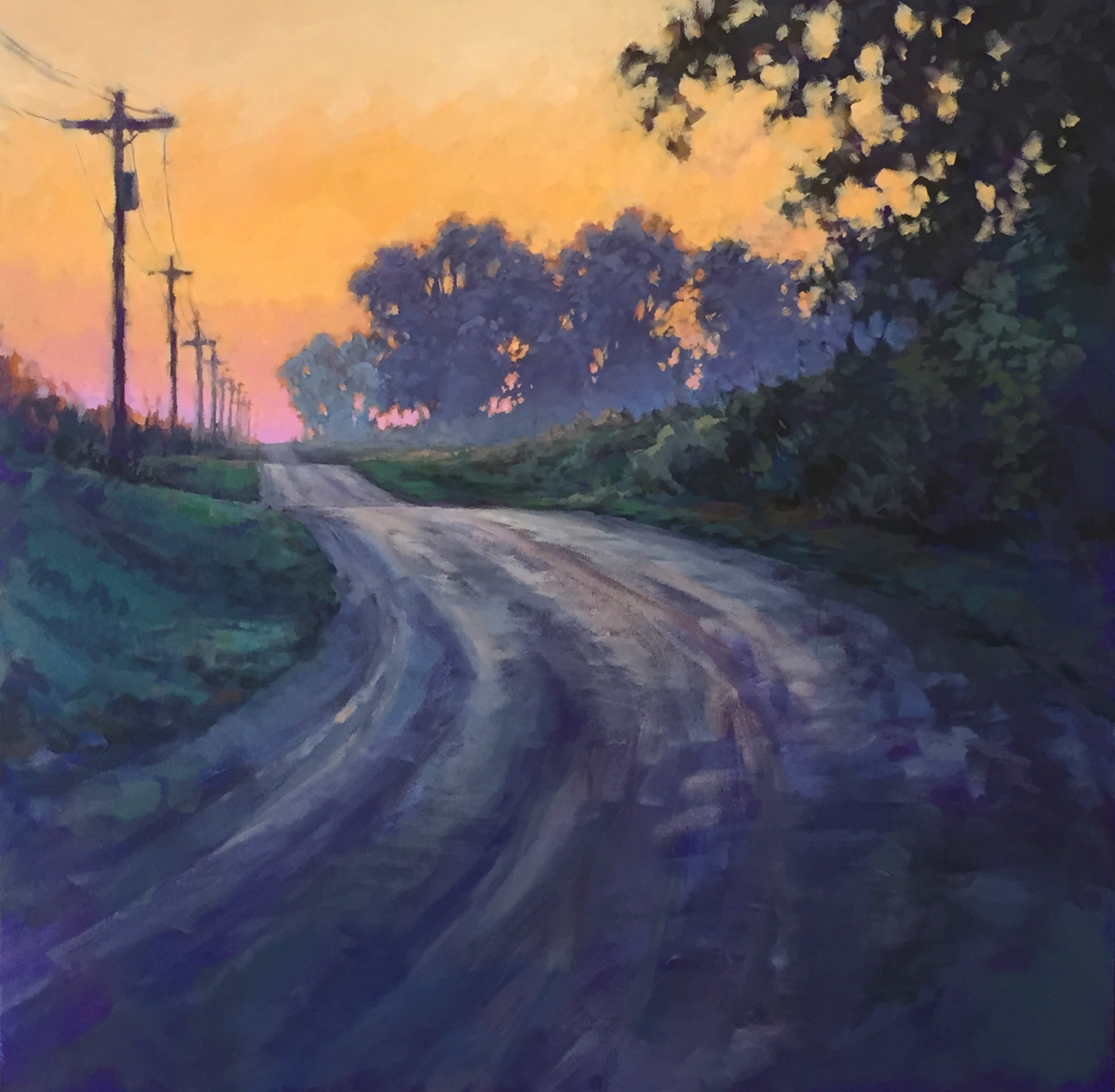 acrylic painting of an empty road with many trees