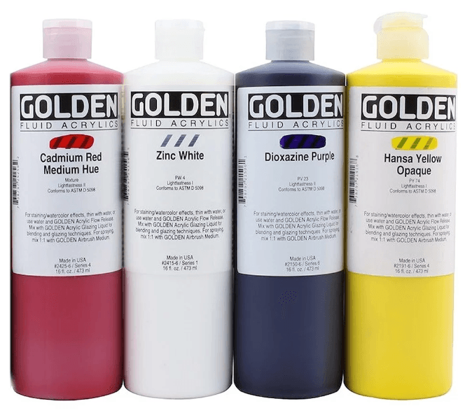 golden fluid acrylic paints in red, white, purple and yellow color