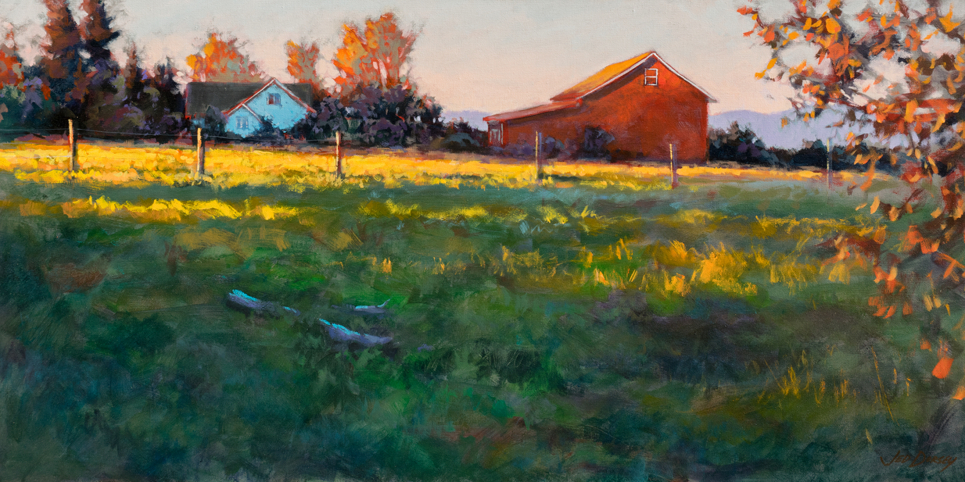 grassland with houses acrylic painting by jed dorsey