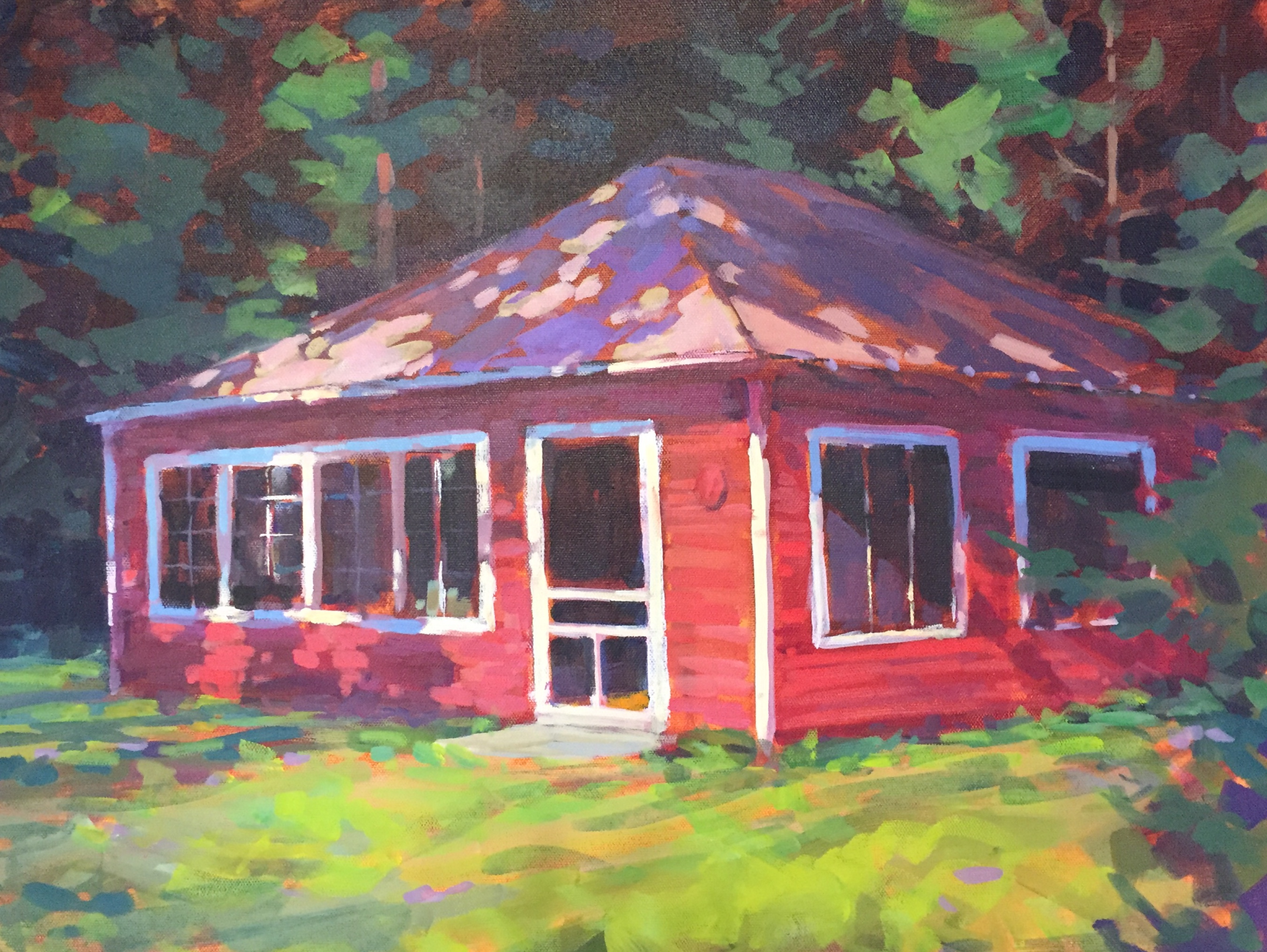 acrylic painting of a cabin in the woods